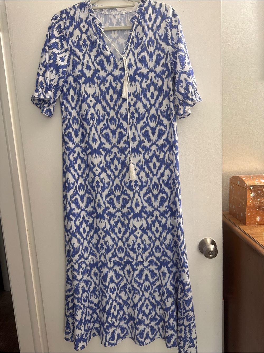 Blue and White Ikat Maxi Dress with Tassel Tie New Without Tags